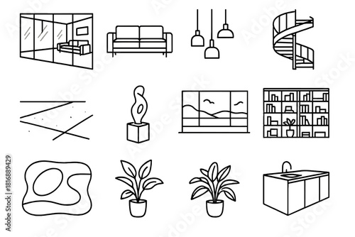 Minimalist Open Living Space. Interior Modern Design linear icon set: open living space, glass wall divider, minimalist sofa, pendant lighting, spiral staircase, polished concrete