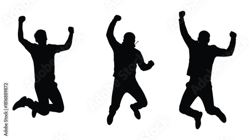 Three men jumping silhouettes isolated on white background, Vector