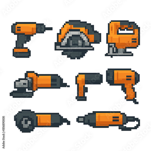 Pixel Art Power Tools. Power tools set pixel style icon set: drill, circular saw, sander, jigsaw, angle grinder, nail gun, heat gun, rotary tool