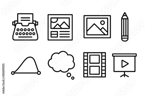 Visual Storytelling Elements. Gradient Storytelling Set linear icon set: typewriter, storyboard panel, image frame, pencil, storytelling arc, thought bubble, film strip