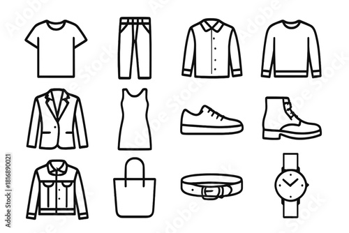 Minimalist Wardrobe Icons. Minimalist Wardrobe Essentials linear icon set: white t-shirt, black jeans, button-up shirt, neutral sweater, tailored blazer, plain dress, classic