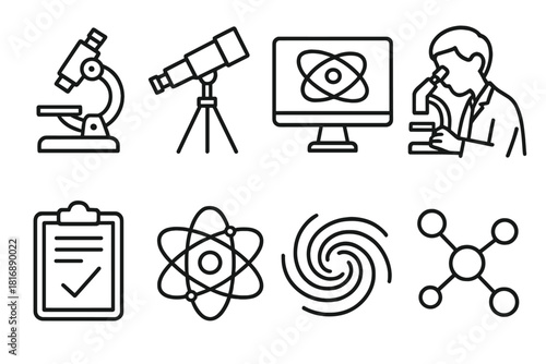 Scientific Observation Icons. Scientific Observation linear icon set: microscope, telescope lens, computer screen, researcher, clipboard, orbit chart, galaxy swirl, data nodes