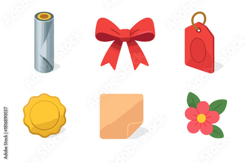 Elegant Gift Wrap Icons. Elegant Wraps flat icons set. metallic paper, satin ribbon, embossed tag, gold seal, folded edge, floral accent