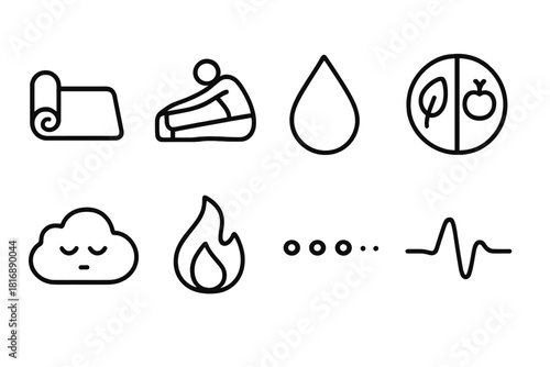Wellness Icon Set. Wellness Routine Set linear icon set: yoga mat, stretching figure, water droplet, balanced meal, rest cloud, calm flame, progress dots, steady breath line