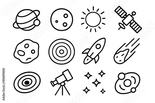 Celestial Icons Collection. Gravity and Orbits linear icon set: planet, moon, sun, satellite, asteroid, orbit path, gravitational waves, rocket, comet, black hole, telescope, star