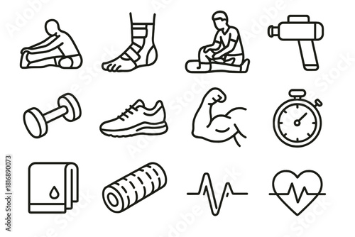 Sports Rehab Icons. Sports Rehabilitation linear icon set. athlete, ankle brace, stretching, physiotherapist, massage gun, dumbbell, running shoe, muscle arm, stopwatch, towel
