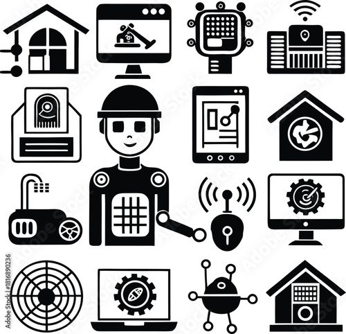 Smart home automation robot technology future line icon collection.