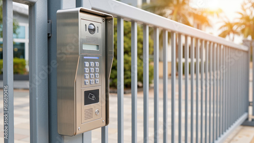 a close-up view of a modern gate intercom with keypad and camera used for secure property access in residential or commercial areas
