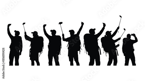 Hikers with selfie sticks silhouettes isolated on white background, Vector