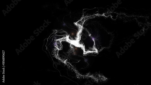 Particle Flight Lens Flare Abstract 4K Loop features streams of particles swirling into the frame converging in the center to reveal multi-colored lens flares against a black background in a loop.