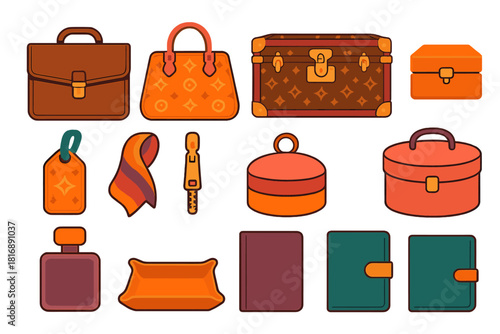 Luxury Travel Icons. Luxury Luggage set flat icon set: leather briefcase, designer handbag, trunk case, jewelry box, monogram tag, silk scarf, gold zipper, hatbox, perfume bottle