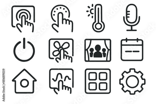 Touchscreen Interface Icons. Touch Interface Panels set of icons in doodle hand-drawn vector style. touchscreen icon, dial control, brightness bar, microphone symbol, power icon