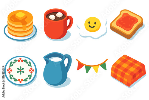 Holiday Breakfast Icons. Family Holiday Breakfast flat icons set. stack of pancakes, hot cocoa, smiling sun egg, toast with jam, holiday plate pattern, milk jug, table garland