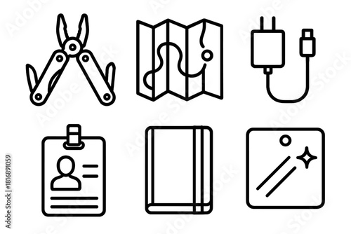 Everyday Essentials Icons. Everyday Preparedness Set linear icon set: multitool, map, phone charger, ID card, pocket notebook, signal mirror