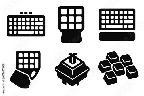 Bold Gaming Keyboard Icons. Gaming Keyboards silhouette icon set. RGB keyboard, macro keys layout, detachable wrist rest, gaming keypad, mechanical switch, custom keycap set.