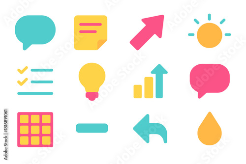 Colorful Feedback Icons. Constructive Feedback flat icon set: speech bubble, note card, guidance arrow, clarity beam, checklist line, idea spark, improvement bar, comment icon