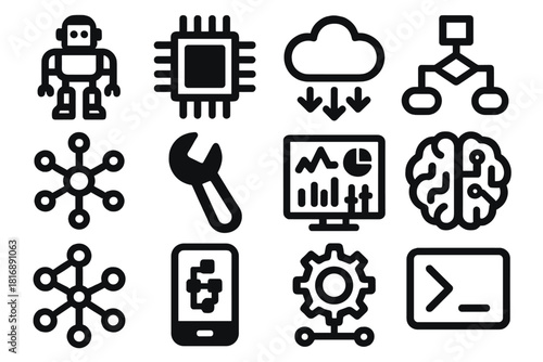 Bold Robotics Icons. AI and robotics silhouette icon set: humanoid robot, chip, data cloud, algorithm flow, neural network, wrench, dashboard, AI brain, connected nodes, tablet