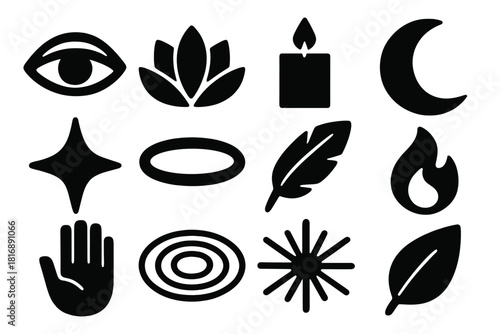 Spiritual Icons Set. Spiritual Intuition silhouette icon set. third eye, lotus flower, candle, moon, star, aura ring, feather, flame, hand, ripple, light beam, leaf. , .