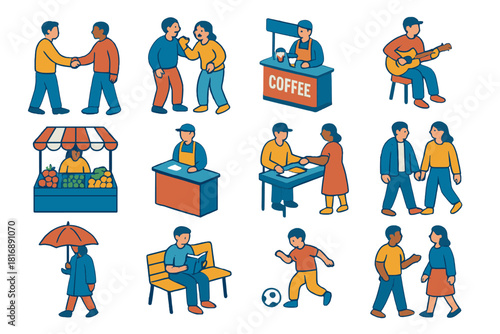 Isometric Street Scenes. Candid street moments flat icon set: handshake, laughter, market stall, musician, coffee stand, vendor, umbrella, book reader, couple walking, child