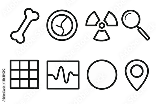 X-ray Symbol Icons. X-ray symbols linear icon set: bone icon, cross-section circle, radiation symbol, diagnostic lens, grid overlay, scan wave, highlight ring, outline marker