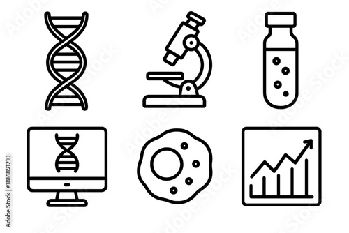 Genomic Icons Illustration. Genomic Care linear icon set. DNA strand, microscope, vial, computer screen, cell, chart
