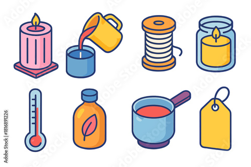 Candle Making Icons. Candle Making flat icons set. candle mold, pouring wax, wick spool, glass jar, thermometer, fragrance bottle, melting pot, label tag