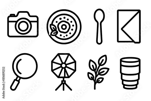 Food Photography Icons. Food Styling & Shots linear icon set. camera, dish, spoon, napkin, light reflector, tripod, herbs, lens