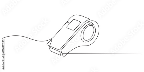 Continuous one line drawing of sport whistle icon in silhouette on a white background. Linear stylized, Sports whistle one line art. Continuous line drawing of sport, coach, referee, activity, pro.