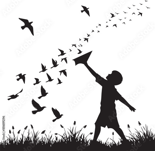 Silhouette of a child releasing a flock of birds into the sky from a grassy field girl