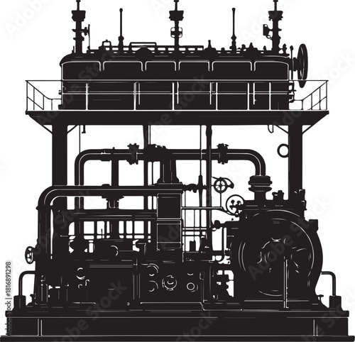 Silhouette of a complex industrial steam engine or pump with pipes and valves machinery industrial equipment