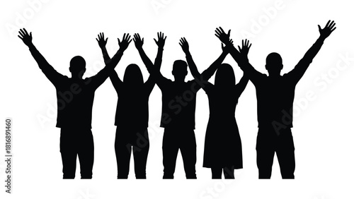 Group of people silhouettes with raised arms isolated on white background, Vector