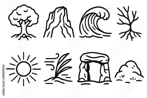 Elements of Nature Icons. Natural Strength Set linear icon set: sturdy tree, rocky cliff, ocean wave crest, rooted branch, sun beam, wind-resistant plant, stone arch, grounded