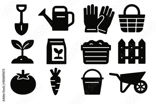 Community Garden Icons. Community Gardens silhouette icon set: shovel, watering can, gloves, basket, plant sprout, seed packet, compost, fence, tomato, carrot, bucket, wheelbarrow