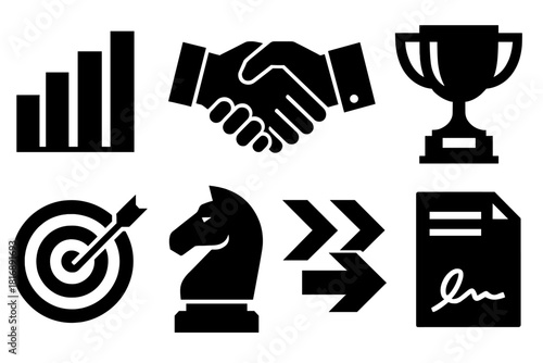 Bold Competition Icons. Business Competition silhouette icon set: bar chart, handshake, briefcase, trophy, target, chess knight, arrow race, contract document