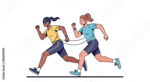 Woman Leading Blind Runner Running Together for Support and Inclusion