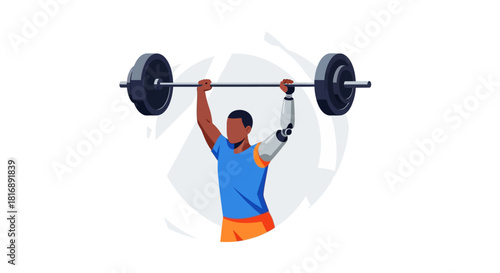 Adaptive Athlete with Prosthetic Arm Weightlifting Over White Background