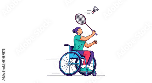 Adaptive Athlete Playing Badminton in Wheelchair Vector Illustration