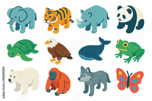 Endangered Species Icons. Endangered species icons flat icons set. elephant, tiger, rhino, panda, sea turtle, eagle, whale, frog, polar bear, orangutan, wolf, butterfly
