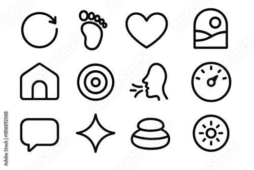 Soothing Emotional Icons. Self-Support Emotion Aids linear icon set: calm reset symbol, grounding line, warm heart icon, perspective-soothing tile, comfort nook badge, reassurance