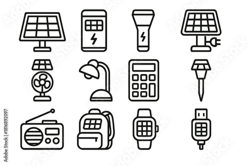 Solar-Powered Gadget Icons. Solar-powered gadgets linear icon set: solar panel, power bank, flashlight, charger, fan, lamp, calculator, garden light, radio, backpack, watch, USB