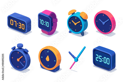 Modern Timepiece Icons. Modern Timepieces flat icons set. digital clock, smartwatch, alarm clock, minimalist wall clock, stopwatch, timer icon, sleek hands, glowing display