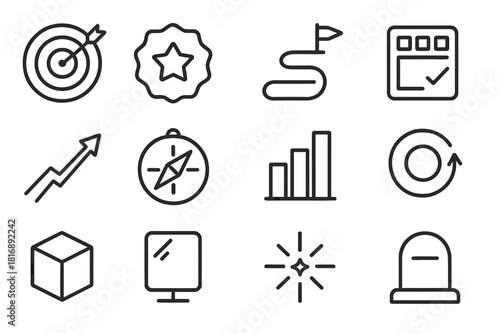 Goal Achievement Icons. Goal & Growth Elements linear icon set: target, small wins badge, roadmap, planning sheet, aligned arrow, purpose icon, steady rhythm bar, improvement loop