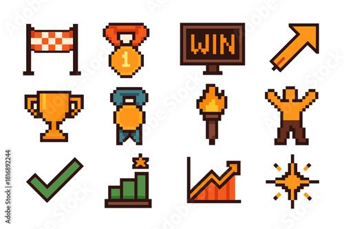 Victory Icon Set. Competitive Victory Icons pixel style icon set: finish line, first-place badge, scoreboard win, decisive arrow, bold trophy, champion ribbon, victory torch
