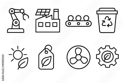 Eco-Friendly Factory Icons. Sustainable Manufacturing linear icon set. robotic arm, solar roof factory, conveyor belt, zero waste bin, clean energy icon, eco label, turbine fan