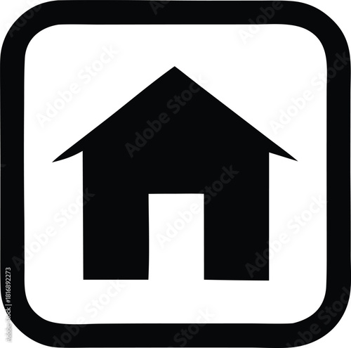 Simple black house icon in a rounded square frame, isolated vector.