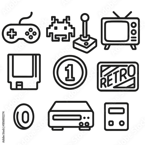 Retro Gaming Icons. Old-School Gaming linear icon set. gamepad, pixel icon, joystick, CRT TV, cartridge, coin, console, retro logo