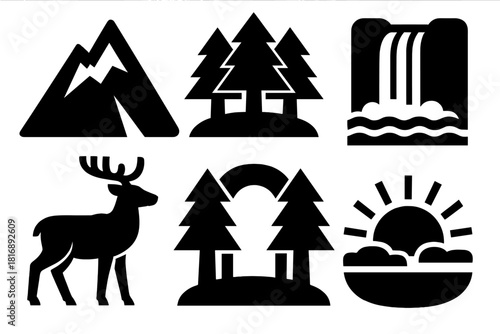 Brutalist Natural Icons. Natural Heritage silhouette icon set: mountain peak, forest reserve, waterfall, wildlife icon, national park, sunrise view