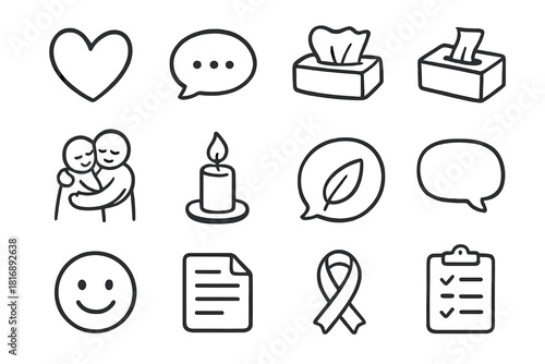 Emotional Support Icons. Emotional Support set of icons in doodle hand-drawn vector style. heart, chat bubble, phone, tissue box, hug icon, candle, leaf, speech bubble, clipboard