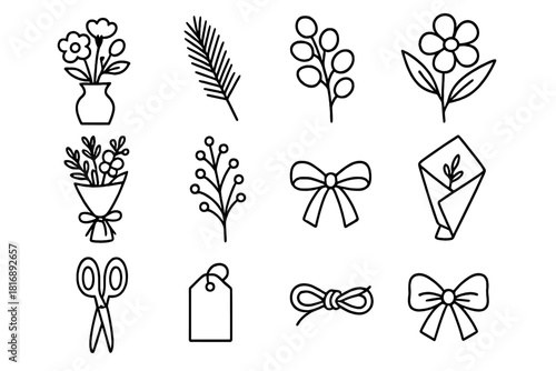 Floral Arrangement Icons. Floral Arrangements linear icon set. vase, pine sprig, eucalyptus leaf, white flower, berry stem, ribbon tie, paper wrap, scissors, tag, knot, twine, bow