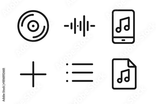 Music Icon Set. Curated Tracks linear icon set. record disc, waveform, smartphone, plus sign, list icon, music file